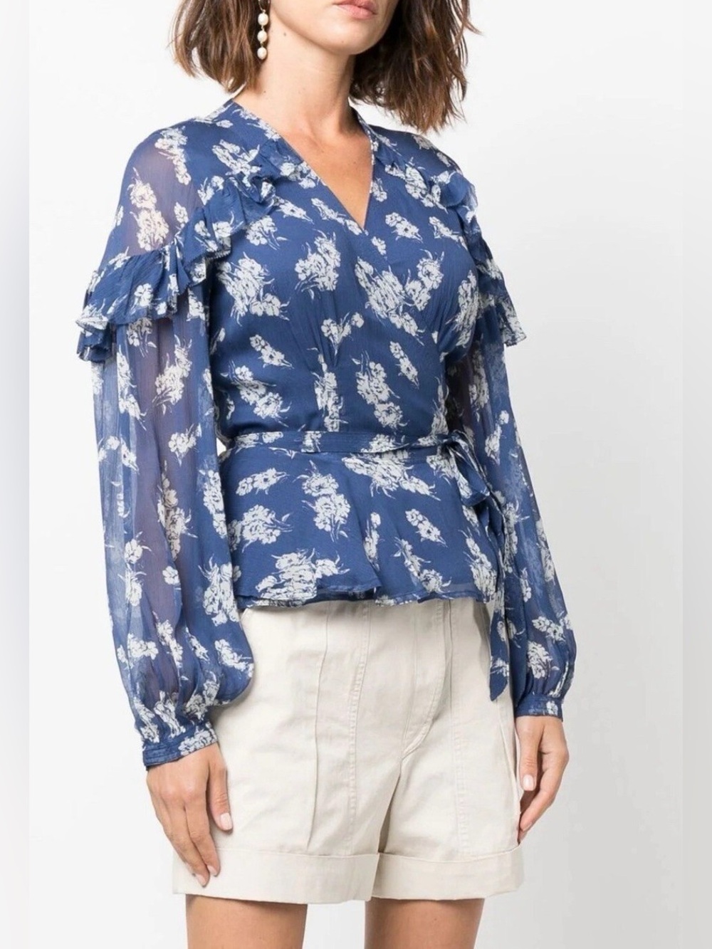 Polo Ralph Lauren Floral Chiffon Ruffle Wrap Peplum Blouse Blue Women Size M